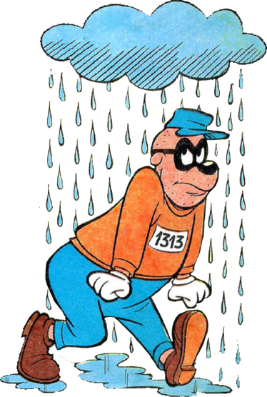 A transparent image of Omen-1313 Beagle. A raincloud follows him as he walks, he glares at it.